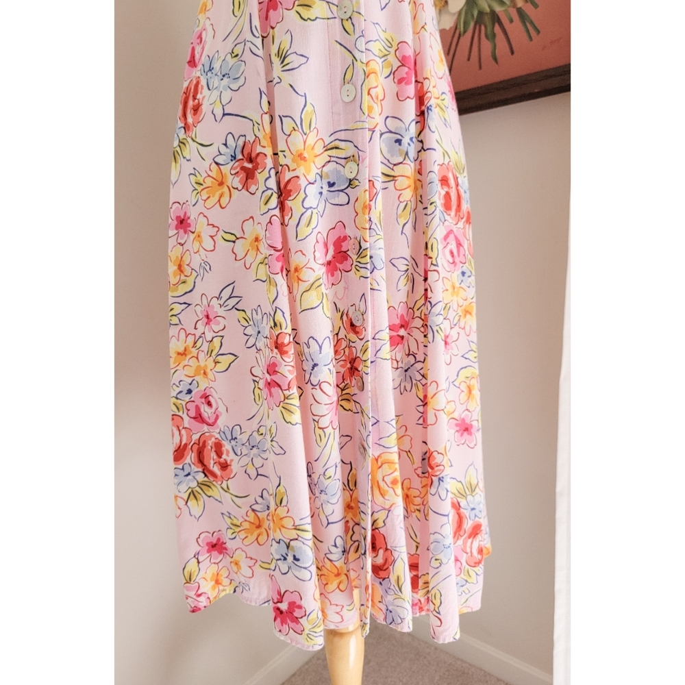 90s Pink Floral Button Front 1990s Vintage Fit & Flare Flowy Midi Length Dress - Picture 4 of 15